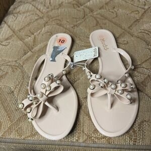 Mudd Tan Flip Flop Sandles -Gold‎ Accented Bow w/Faux Pearls Women's 10